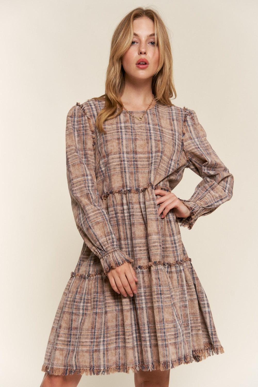And The Why Full Size Washed Frayed Tiered Plaid Dress | Daverri Fashions