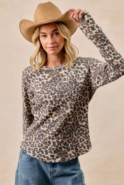BiBi Leopard Print Washed Waffle Thermal Top with Thumb | Knit Tops Daverri Fashions