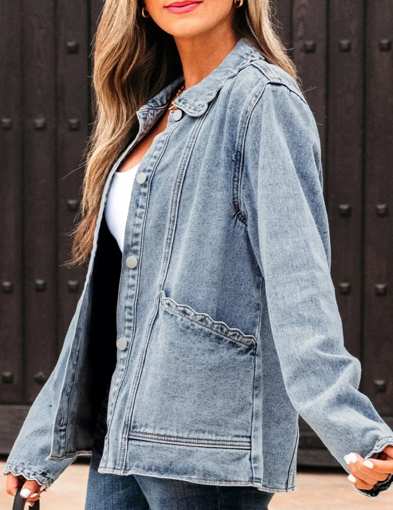 Scallop Trim Collar Patched Pocket Button Up Denim Jacket - DAVERRI FASHIONS