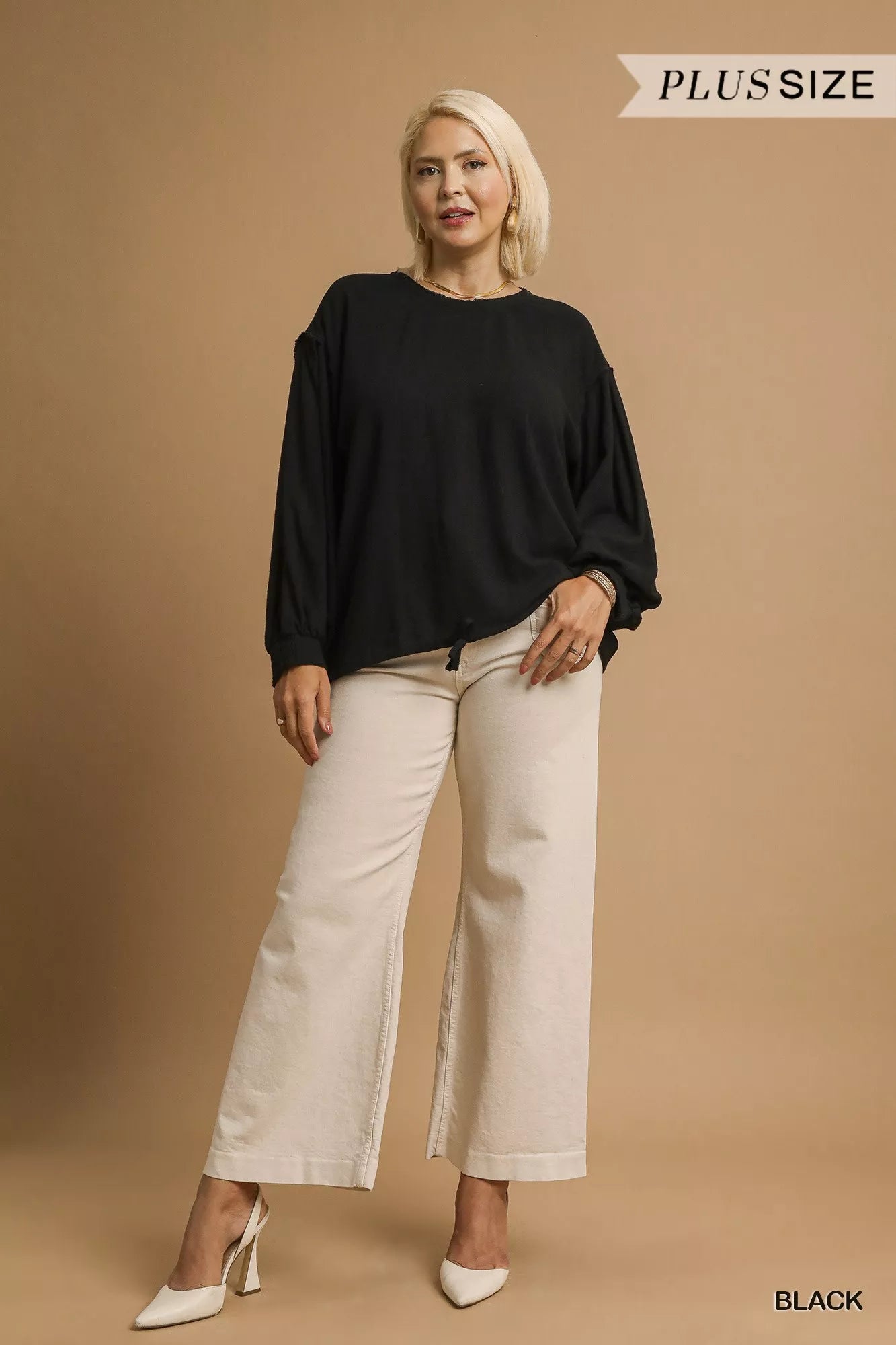 Umgee Full Size Linen Long Sleeve Top with Drawstring Plus Size | Blouses Daverri Fashions