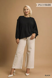 Umgee Full Size Linen Long Sleeve Top with Drawstring Plus Size | Blouses Daverri Fashions
