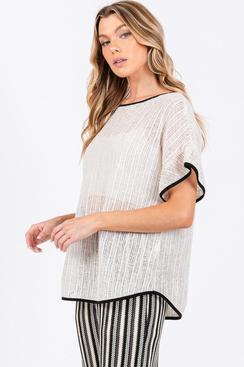 GeeGee Contrast Trim Short Sleeve Knit Cover Up - DAVERRI FASHIONS