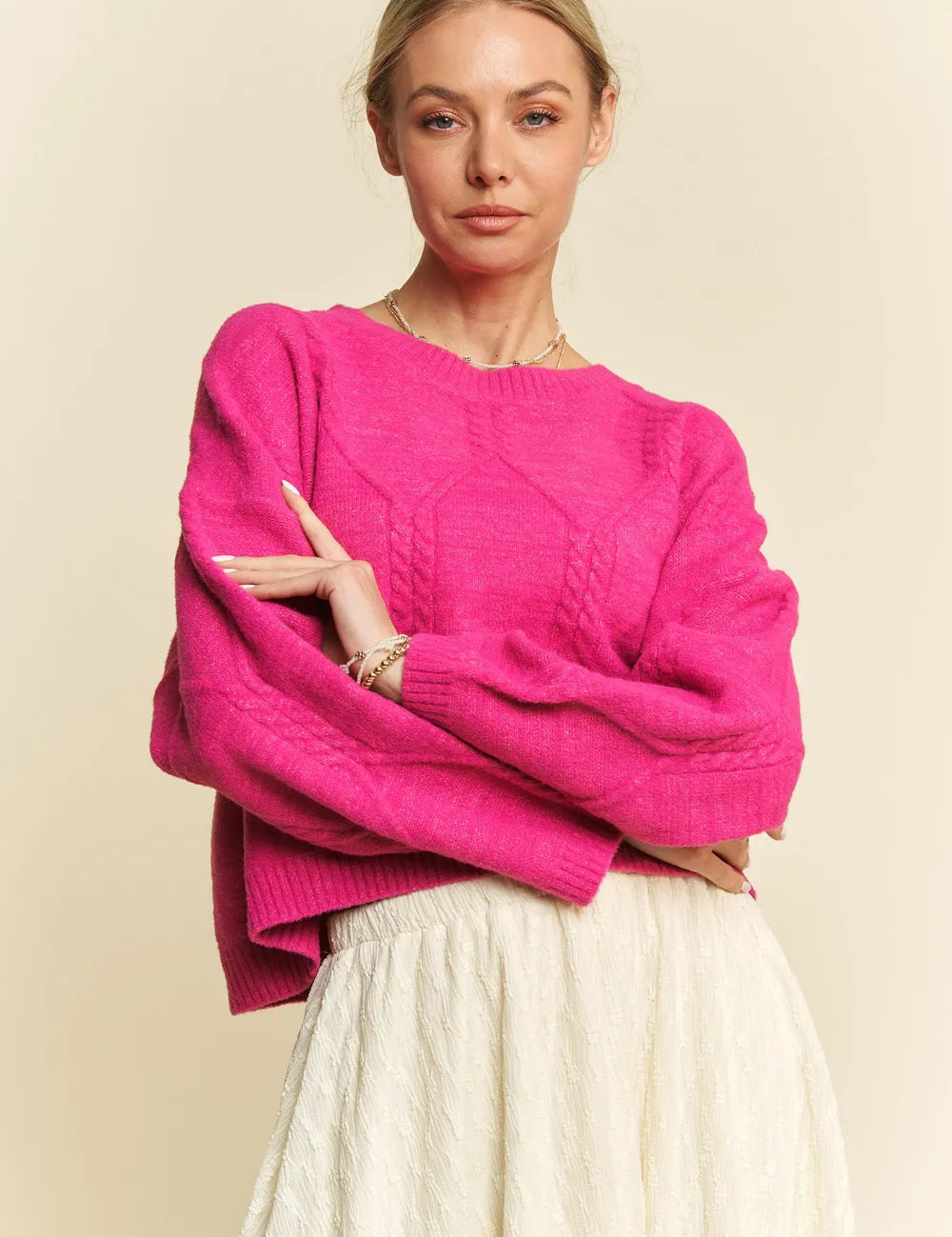 Davi & Dani Diamond Cable Pattern Drop Shoulder Sweater | Sweaters Daverri Fashions