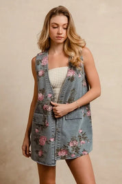 BiBi Floral Print Washed Denim Long Rider Vest in light blue and pink