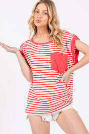 Ces Femme Side Slit Striped Cap Sleeve T-Shirt Red