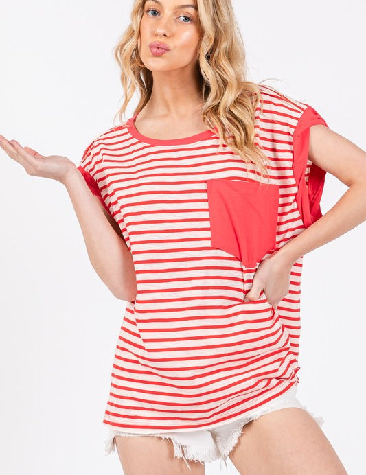 Ces Femme Side Slit Striped Cap Sleeve T-Shirt Red