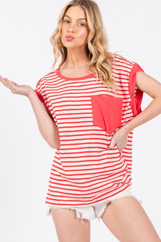 Ces Femme Side Slit Striped Cap Sleeve T-Shirt Red T-Shirts