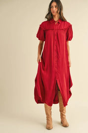 Annie Wear Mineral Washed Button Down Puff Sleeve Shirt Dress | Daverri Fashions