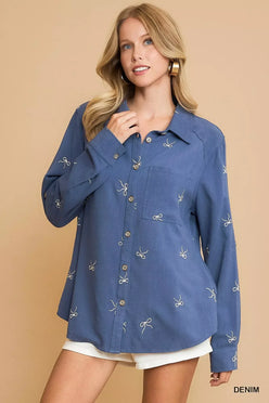 Umgee Linen Blend Fitted Shirt with Ribbon Embroidery Details - DAVERRI FASHIONS