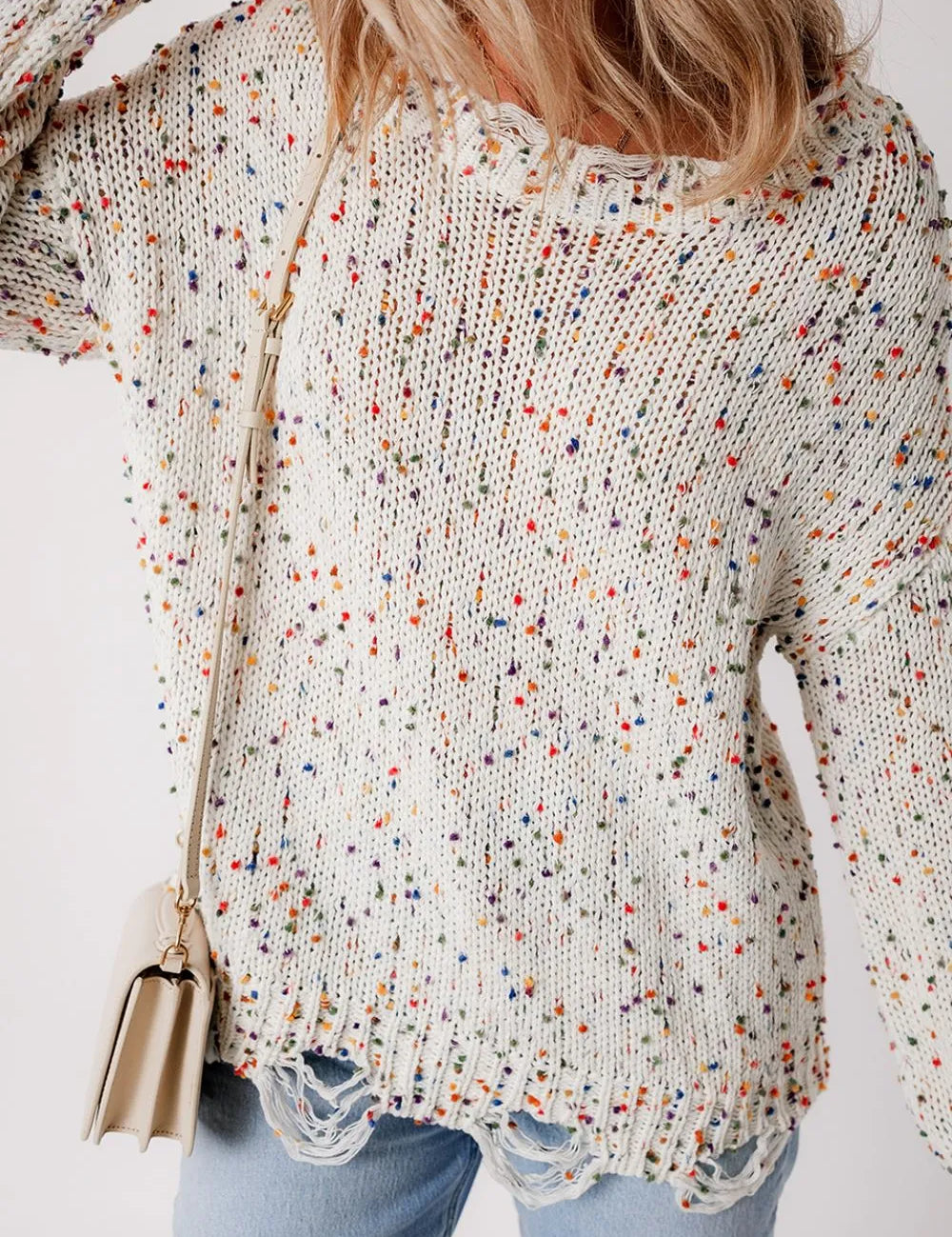White Confetti Distressed Hem Long Sleeve Sweater | Sweaters Daverri Fashions