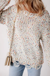 White Confetti Distressed Hem Long Sleeve Sweater | Sweaters Daverri Fashions