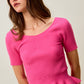 SO ME ribbed knit short sleeve peplum sweater top in vibrant pink