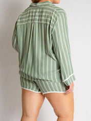 Striped Collared Neck Long Sleeve Top and Shorts Lounge Set | Loungewear Sets Daverri Fashions
