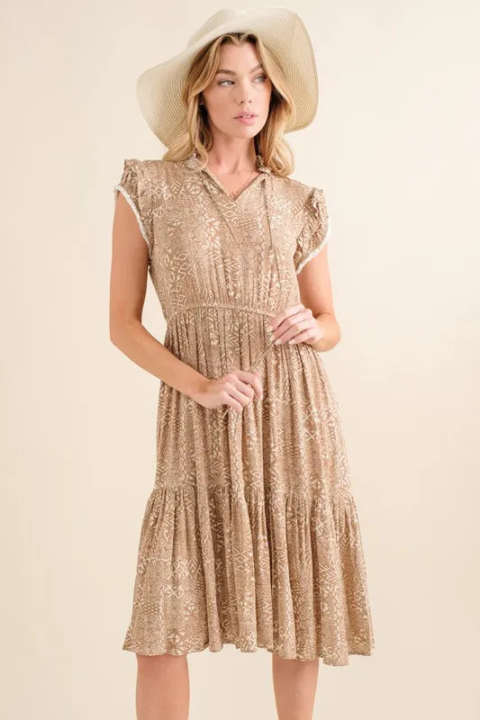 And The Why Boho Printed Tiered Dress Taupe Knee Length Dresses