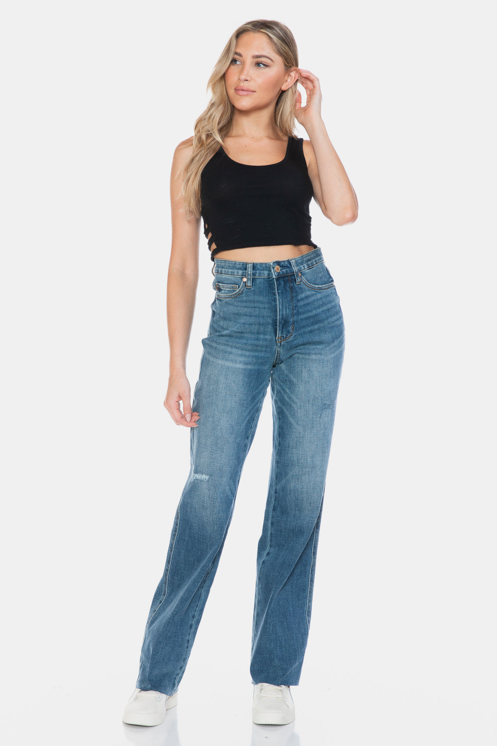 Judy Blue Tummy Control Cut Raw Hem Straight Jeans Bottoms