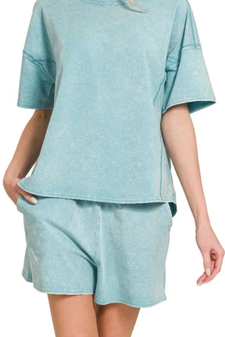Zenana Acid Washed Short Sleeve Tee & Shorts Set Outfit Sets