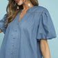 Umgee Chambray Puff Sleeve Dress in light blue denim with button front