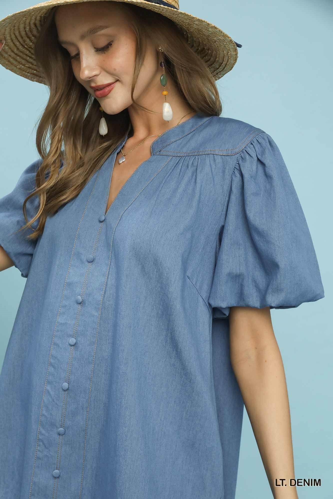 Umgee Chambray Puff Sleeve Dress in light blue denim with button front