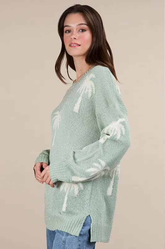 VERY J Palm Tree Graphic Oversized Knit Sweater Sweaters