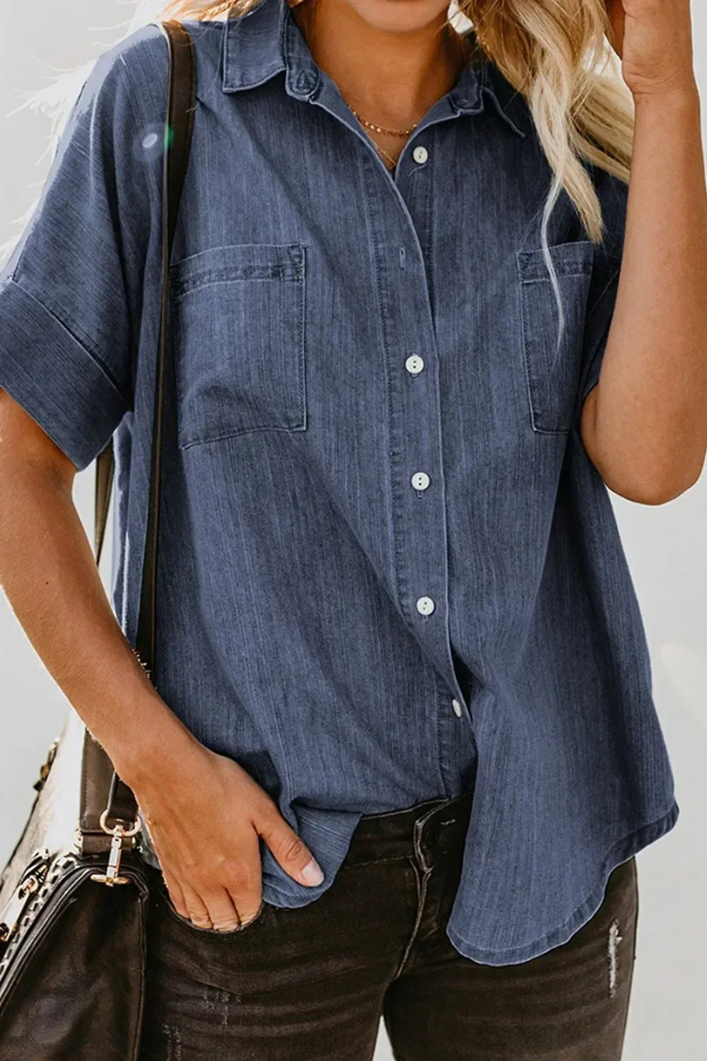 Pocketed Button Up Short Sleeve Denim Shirt - DAVERRI FASHIONS