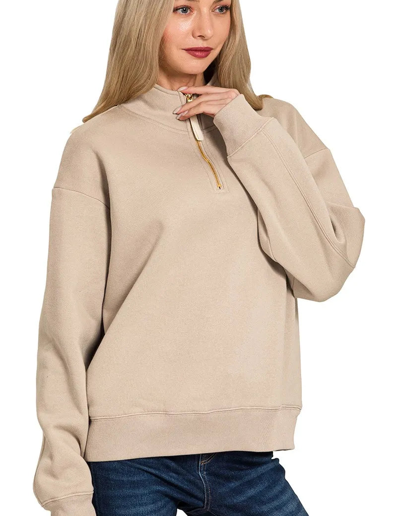 Zenana Fleece Half Zip Sweatshirt Ash Mocha | Sweatshirts Daverri Fashions