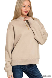 Zenana Fleece Half Zip Sweatshirt Ash Mocha | Sweatshirts Daverri Fashions