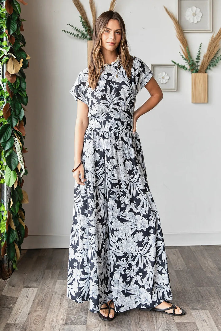 Mittoshop Tropical Print Top and Skirt Set BLACK Outfit Sets