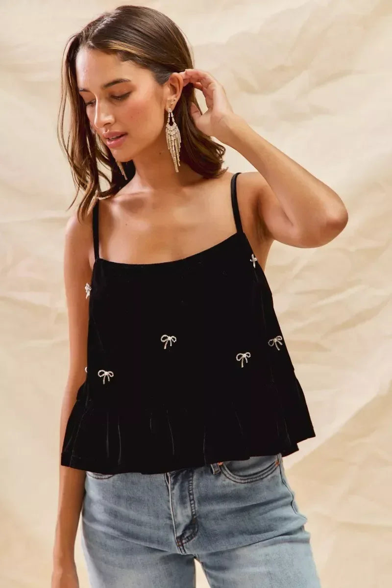 SO ME Holiday Velvet Ribbon Rhinestone Christmas Top - DAVERRI FASHIONS