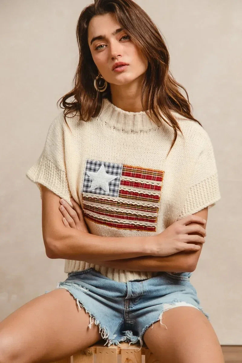BiBi American Flag Patchwork Drop Shoulder Sweater - DAVERRI FASHIONS