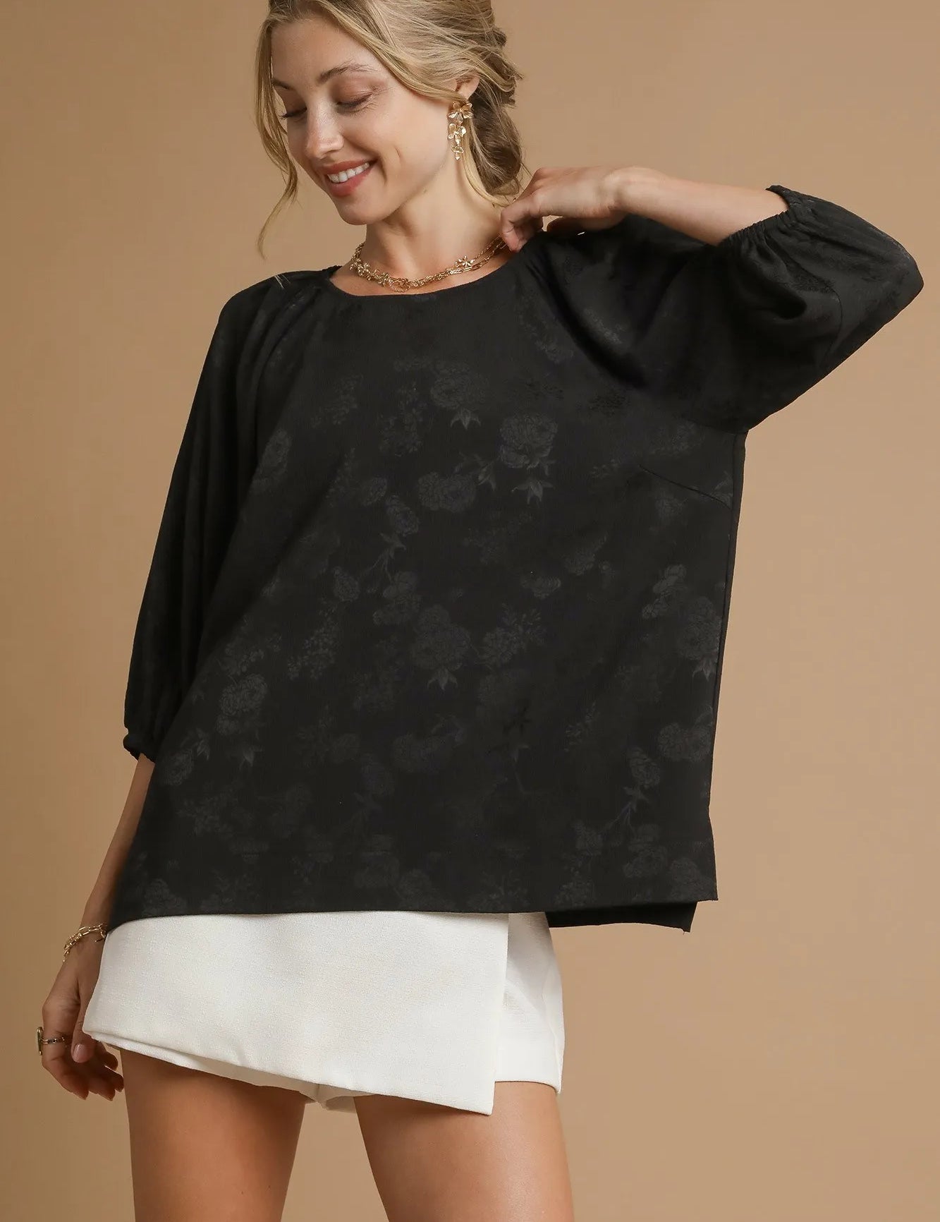 Black Umgee Satin Jacquard Balloon Sleeve Blouse | Blouses Daverri Fashions