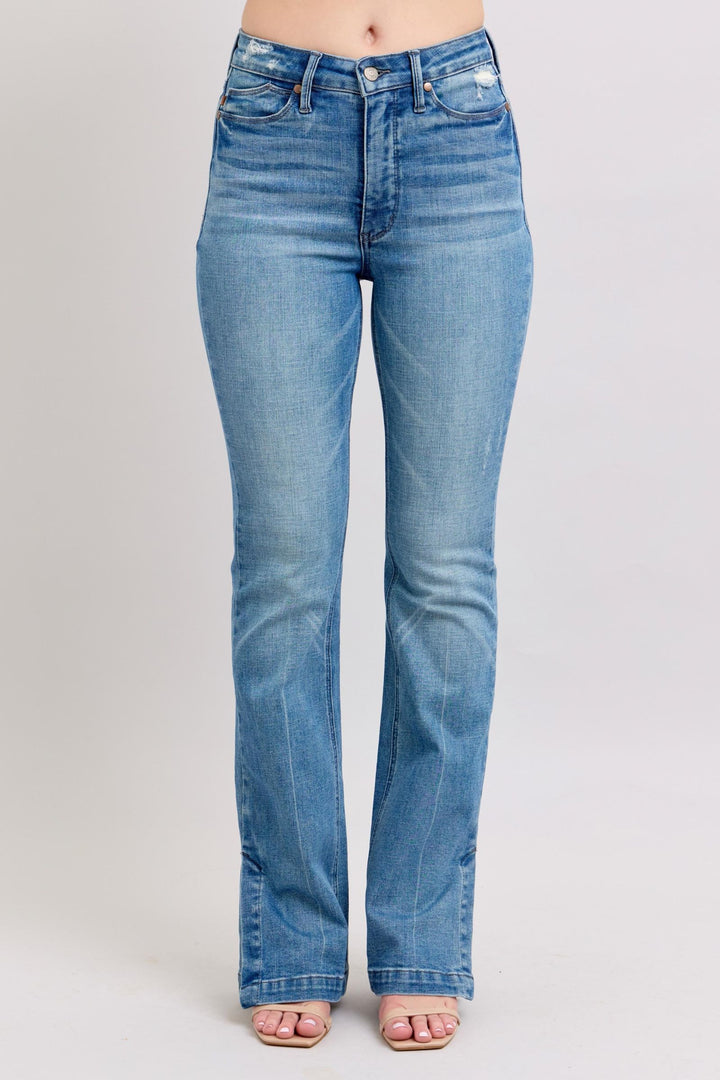Tummy Control Vintage Wash Side Slit Slim Boot Jeans Plus Size Jeans