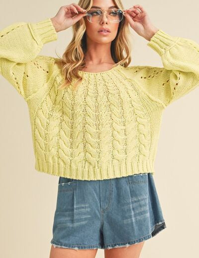 Aemi + Co Cable-Knit Openwork Round Neck Sweater Light Yellow Sweaters