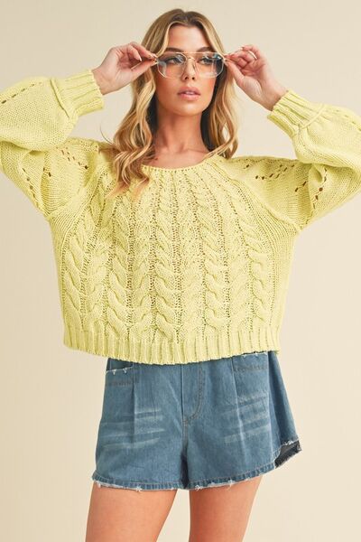 Aemi + Co Cable-Knit Openwork Round Neck Sweater Light Yellow Sweaters