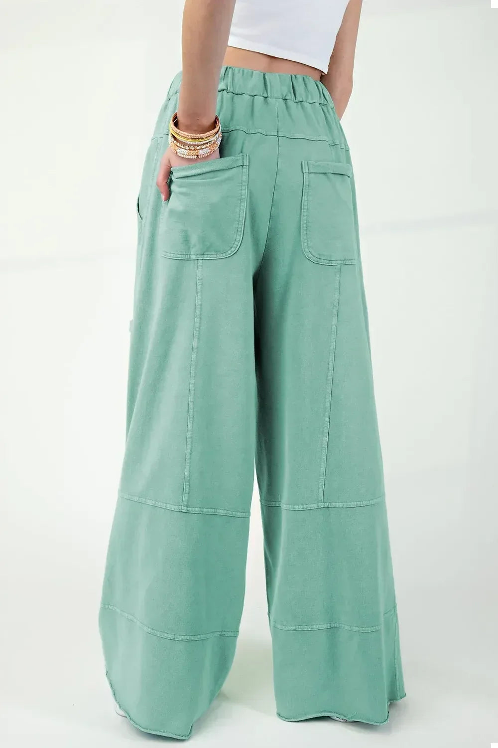 Mineral Wash Exposed Seam Drawstring High Waist Wide Leg Cargo Pants - DAVERRI FASHIONS