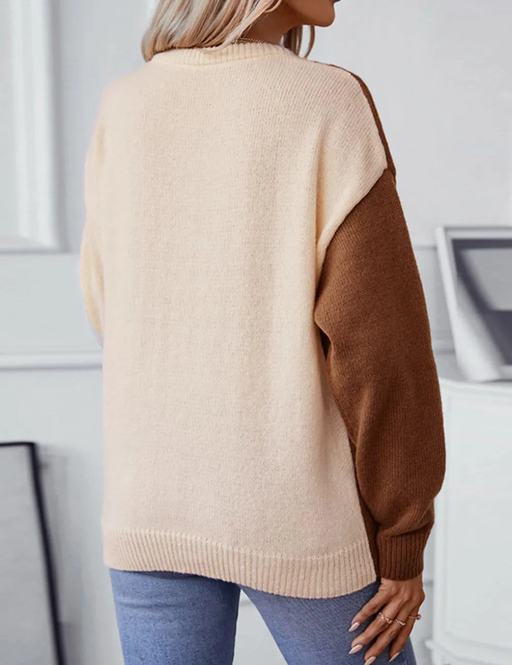 Two Tone Cable Knit Round Neck Long Sleeve Sweater | Sweaters Daverri Fashions