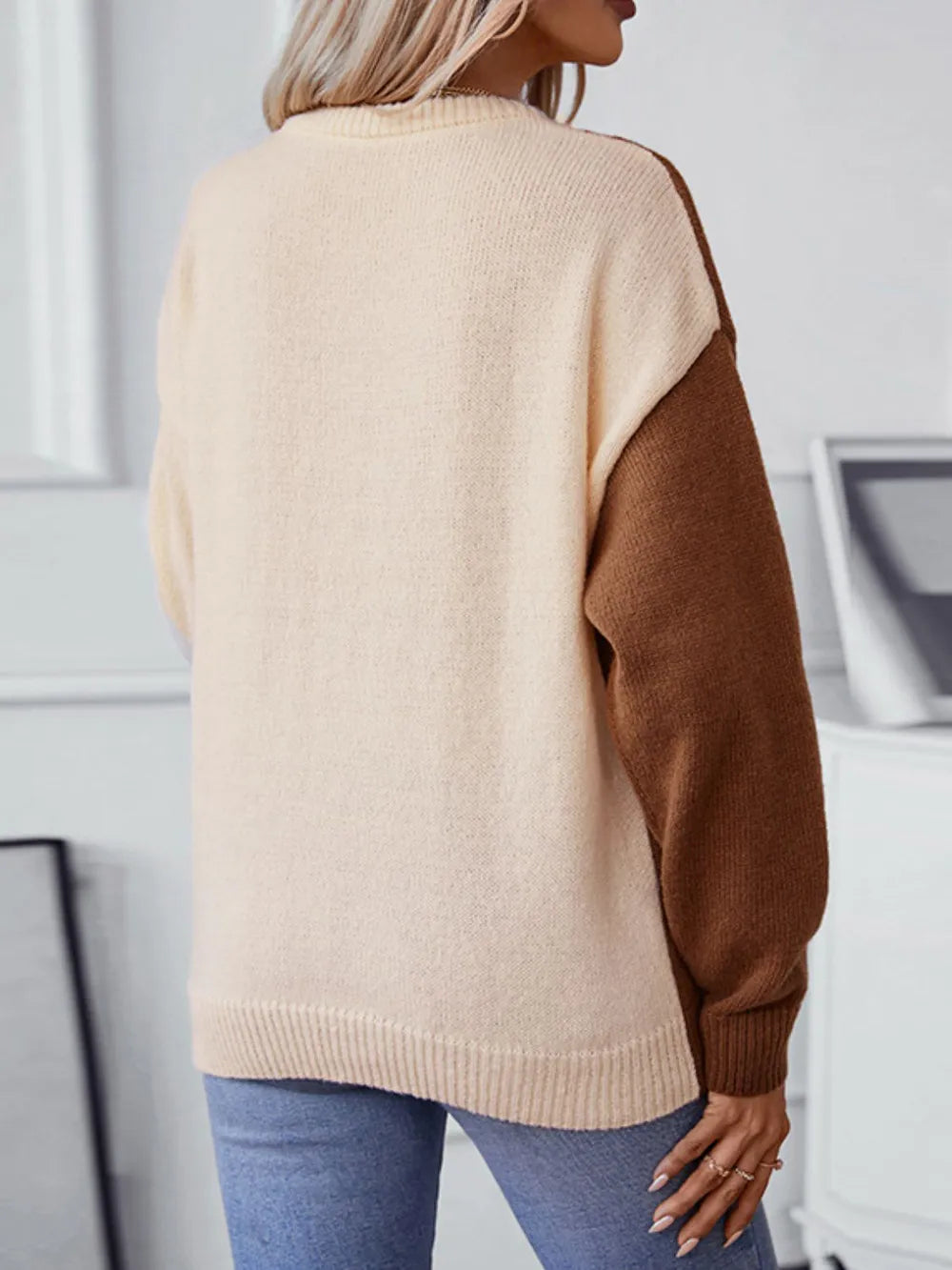 Two Tone Cable Knit Round Neck Long Sleeve Sweater | Sweaters Daverri Fashions