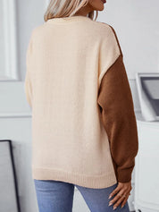 Two Tone Cable Knit Round Neck Long Sleeve Sweater | Sweaters Daverri Fashions