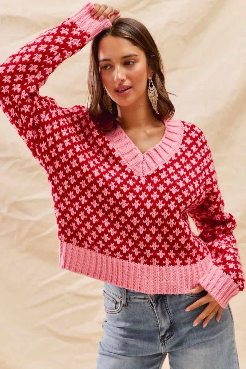 SO ME Color Block Textured Christmas Sweater V Neck Top | Sweaters Daverri Fashions
