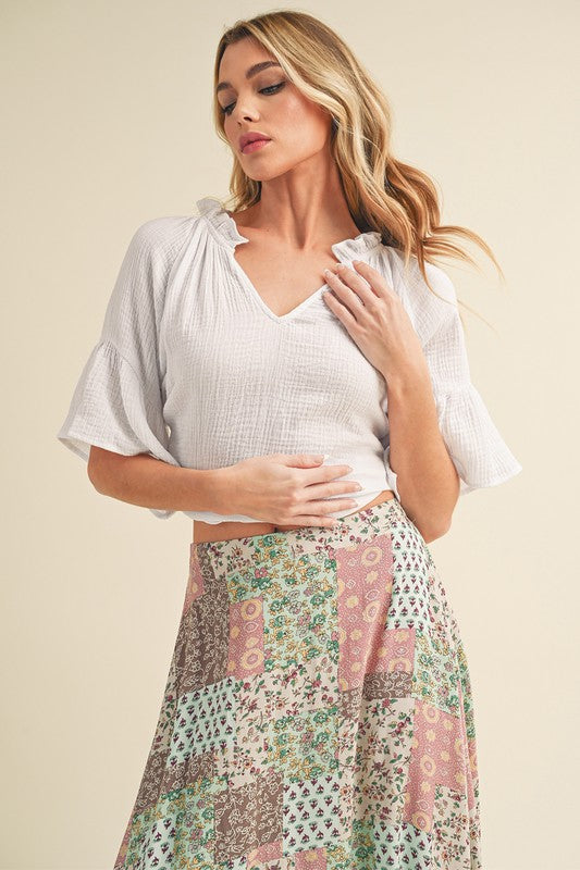 Aemi + Co Side Slit Notched Ruffled Half Sleeve Blouse