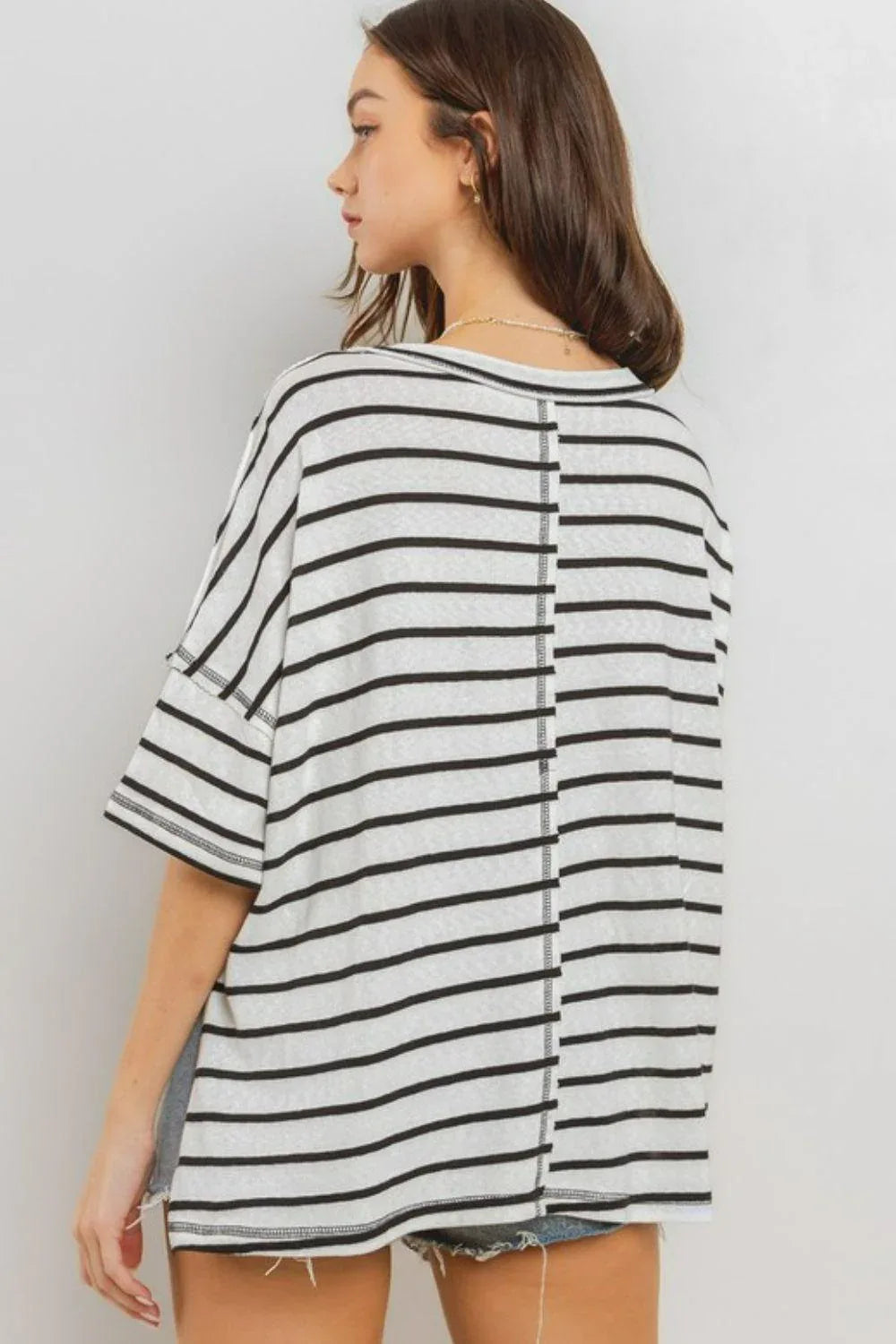 Ces Femme Side Slit Striped Round Neck Half Sleeve T-Shirt - DAVERRI FASHIONS