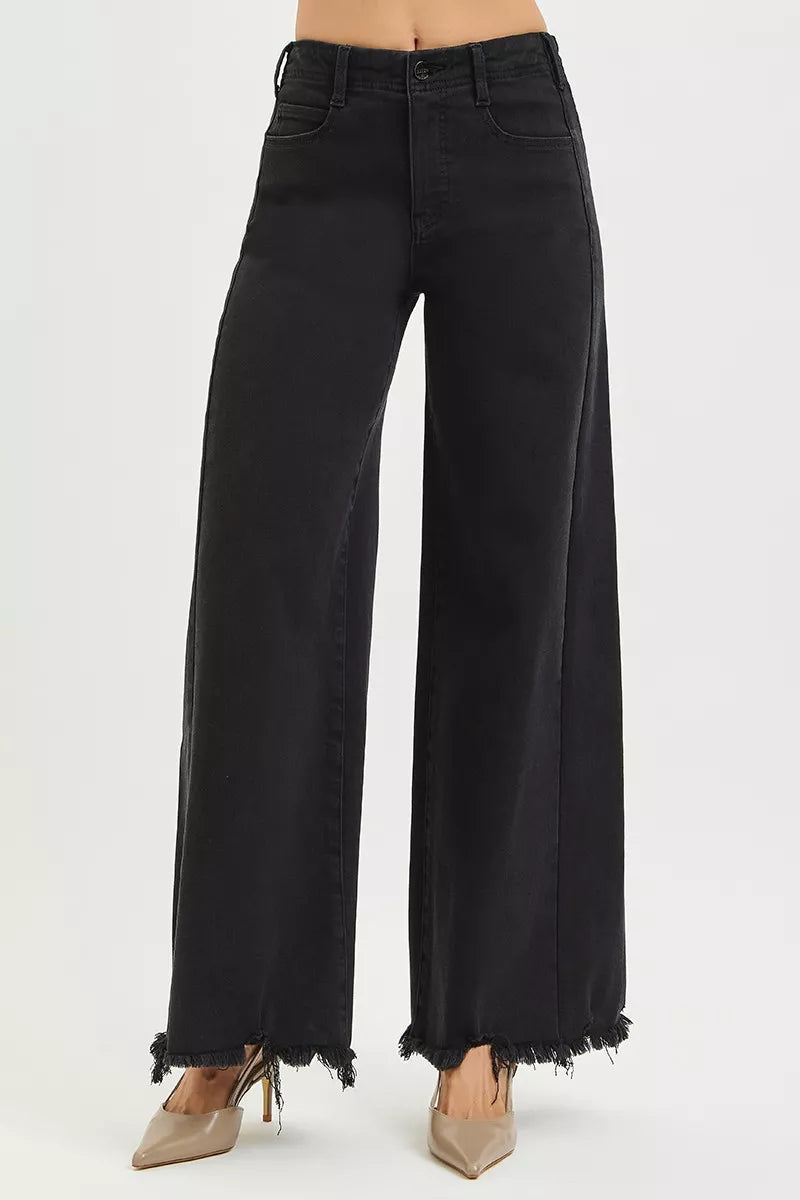 Black RISEN tummy control high-rise palazzo wide-leg jeans with frayed hems