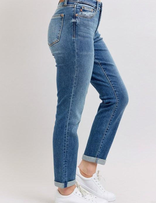 Judy Blue Full Size Mid Rise Skinny Cuff Jeans with Pockets Plus Size | Jeans Daverri Fashions