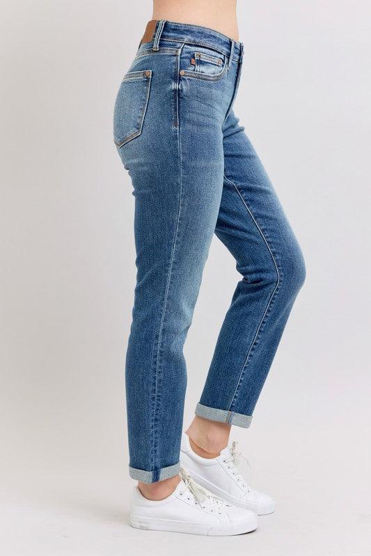 Judy Blue Full Size Mid Rise Skinny Cuff Jeans with Pockets Plus Size - DAVERRI FASHIONS