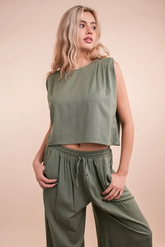 VERY J Solid Woven Top & Pants Set Outfit Sets