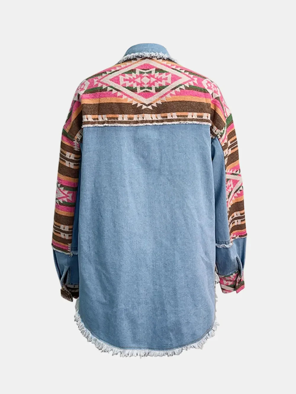 Geometric Collared Long Sleeve Denim Shacket with Aztec Pattern