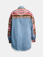Geometric Collared Long Sleeve Denim Shacket with Aztec Pattern