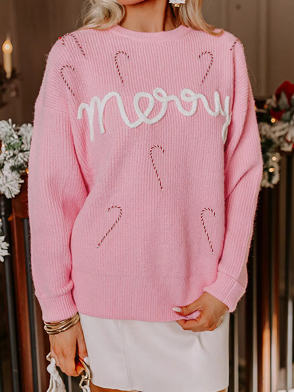 Merry Candy Cane Christmas Crew Neck Sweater | Sweaters Daverri Fashions