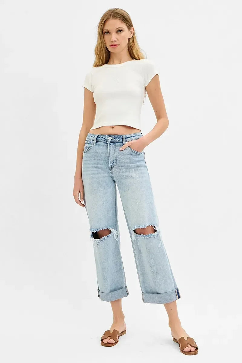 RISEN Full Size Mid Rise Fit Boyfriend Jeans with Cuff - DAVERRI FASHIONS