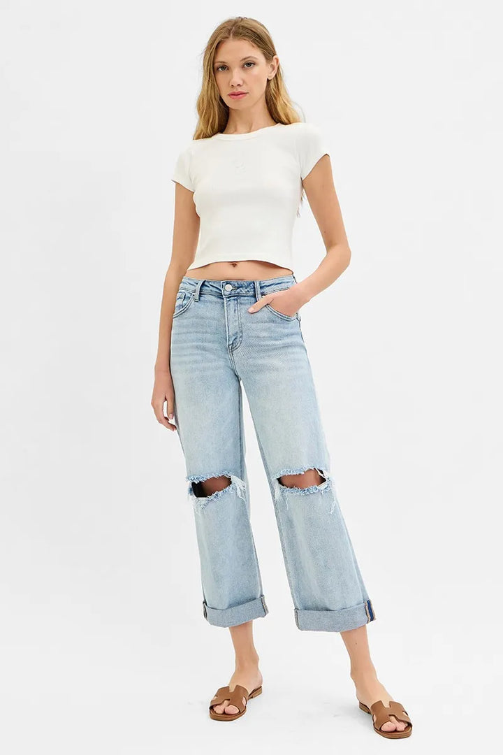 RISEN Full Size Mid Rise Fit Boyfriend Jeans with Cuff Jeans