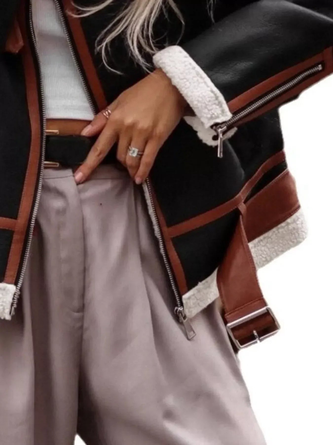 Shearling Lined Zip Up Jacket - DAVERRI FASHIONS